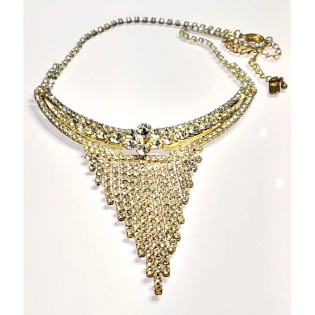 Christina Collection Clear Rhinestone Gold Tone Bib Necklace Fringe Choker